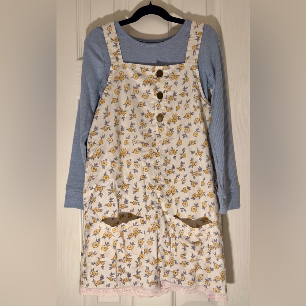 Floral Button-Front Overall Jumper Dress with Blue Long Sleeve Shirt